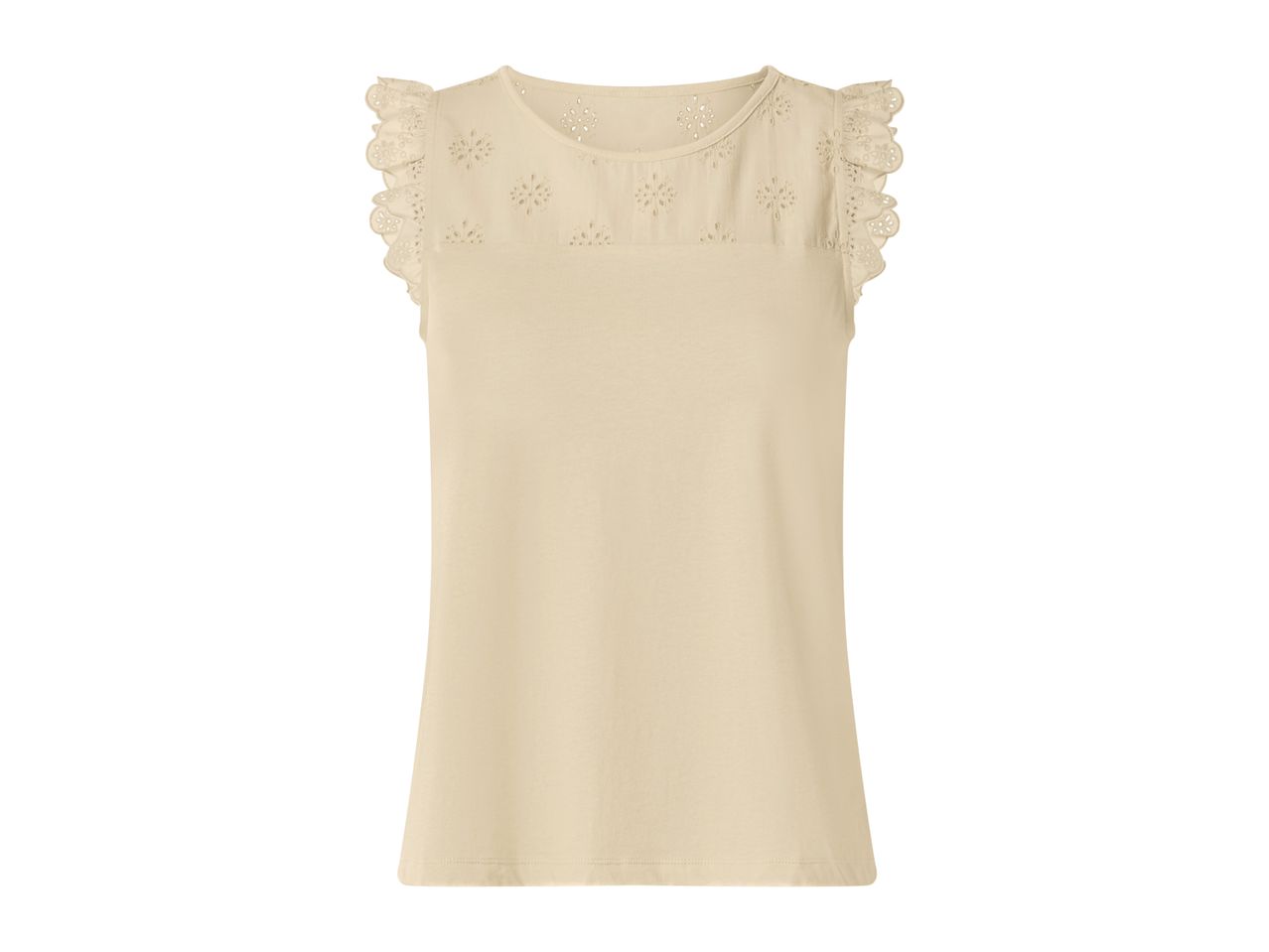 Cream-colored women's top with embroidered eyelet details on the shoulders and neckline.