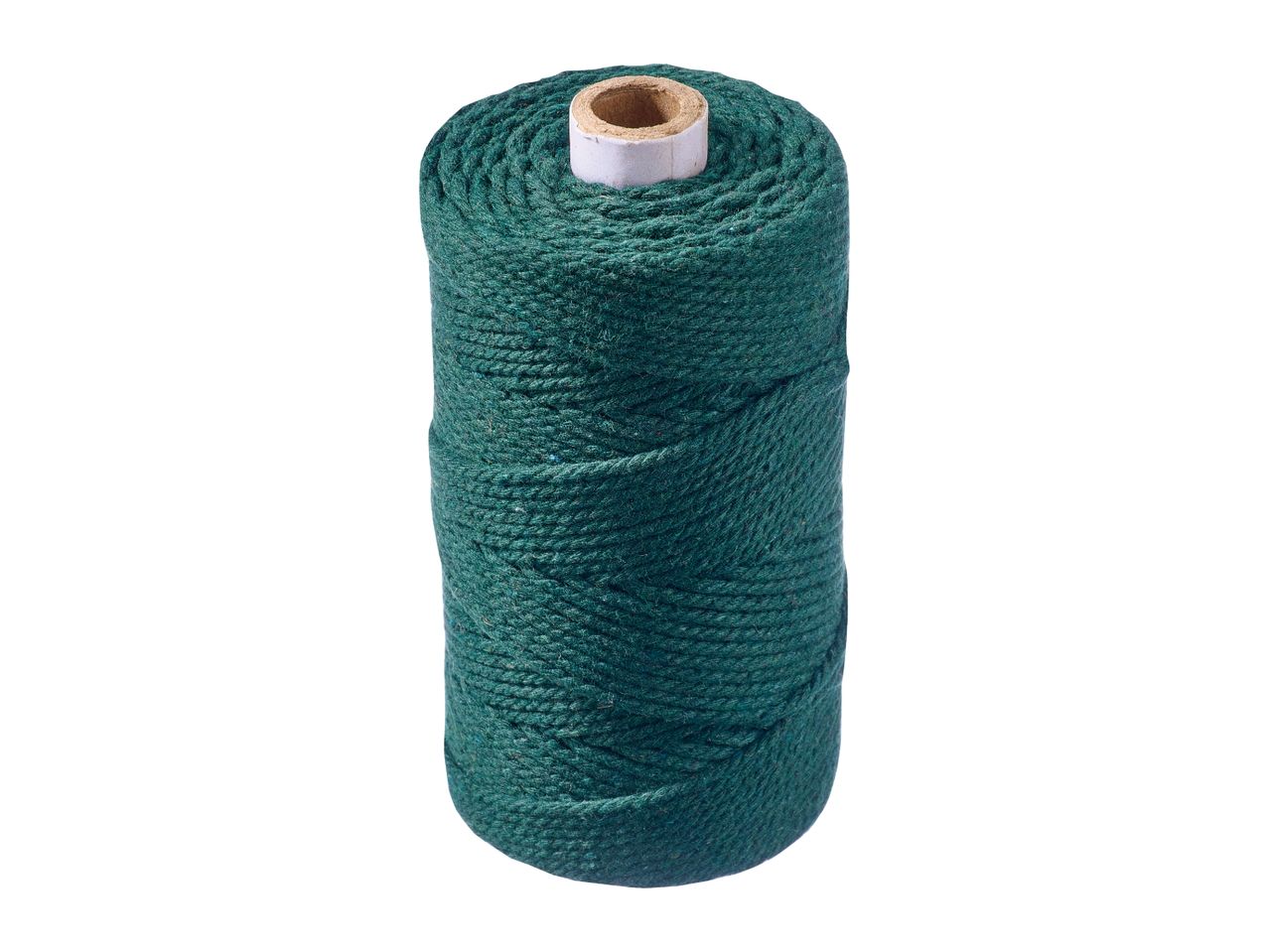 Spool of dark green garden twine on a white background