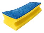 Yellow and blue cleaning sponge with a contoured grip.