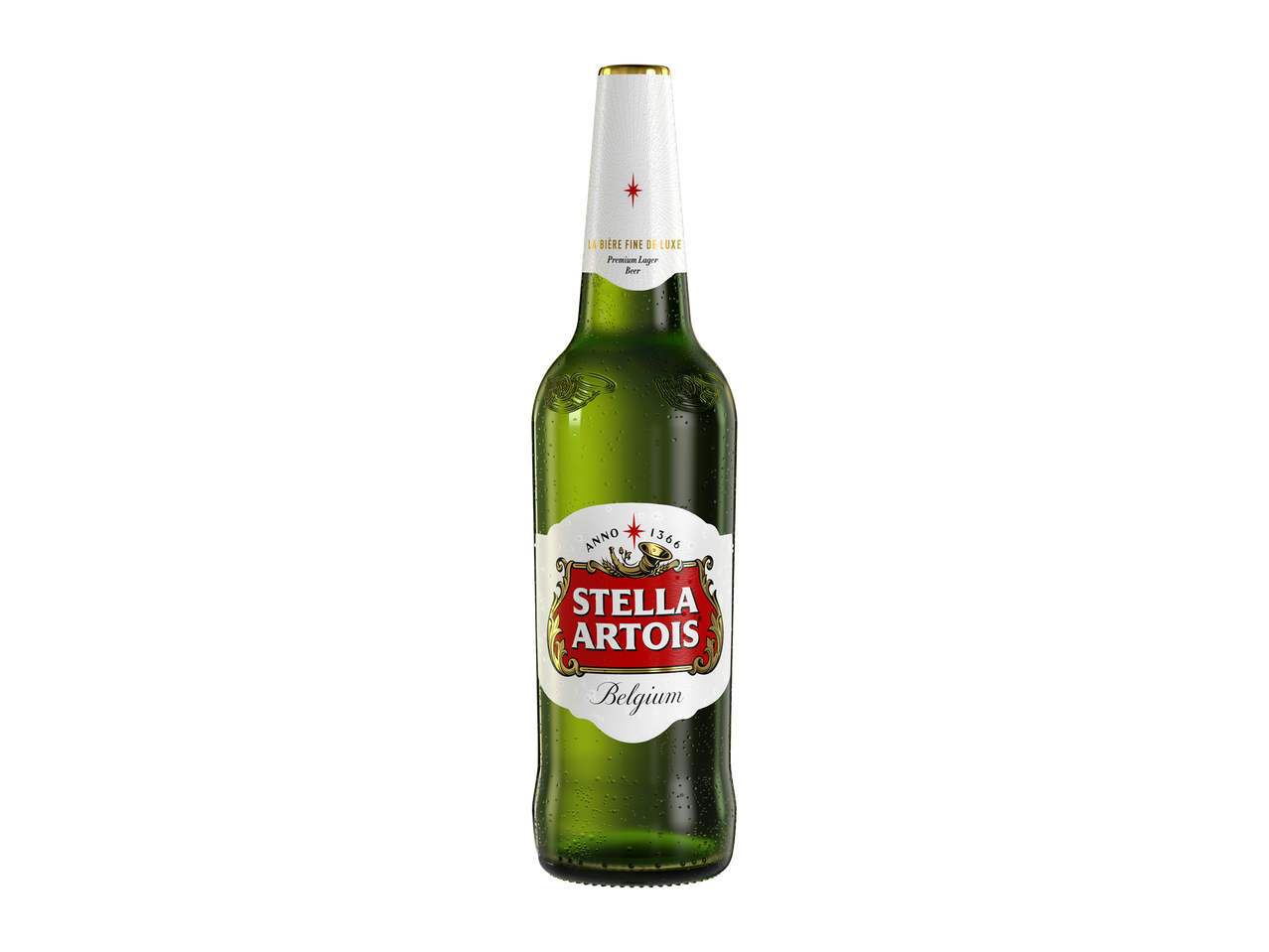 O sticlă verde de bere Stella Artois, cu etichete albe și roșii, pe un fundal negru.