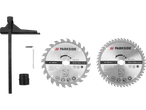Parkside saw blades and accessories, including a ruler, hex key, and adapter.