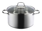 Stainless steel stock pot with glass lid.