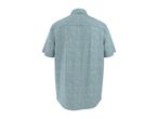 Back view of a men's short-sleeved button-up shirt in light blue linen fabric.