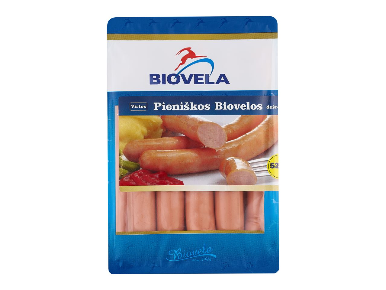 BIOVELA prekės ženklo dešrelės pakuotėje.
