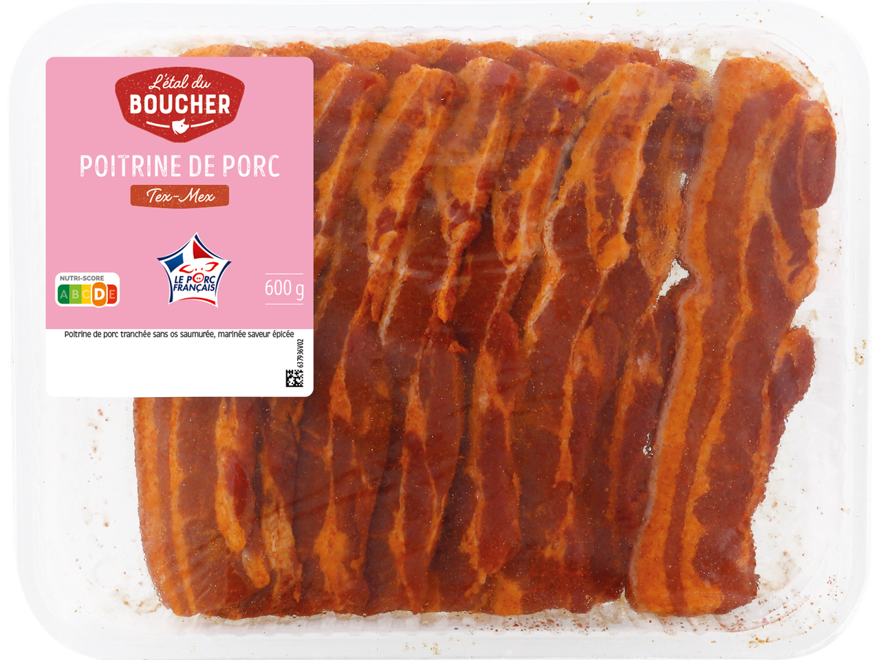 Barquette de poitrine de porc marinée saveur Tex-Mex, 600g.
