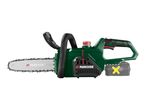 Cordless chainsaw with a grey battery pack featuring a yellow 'X' symbol.