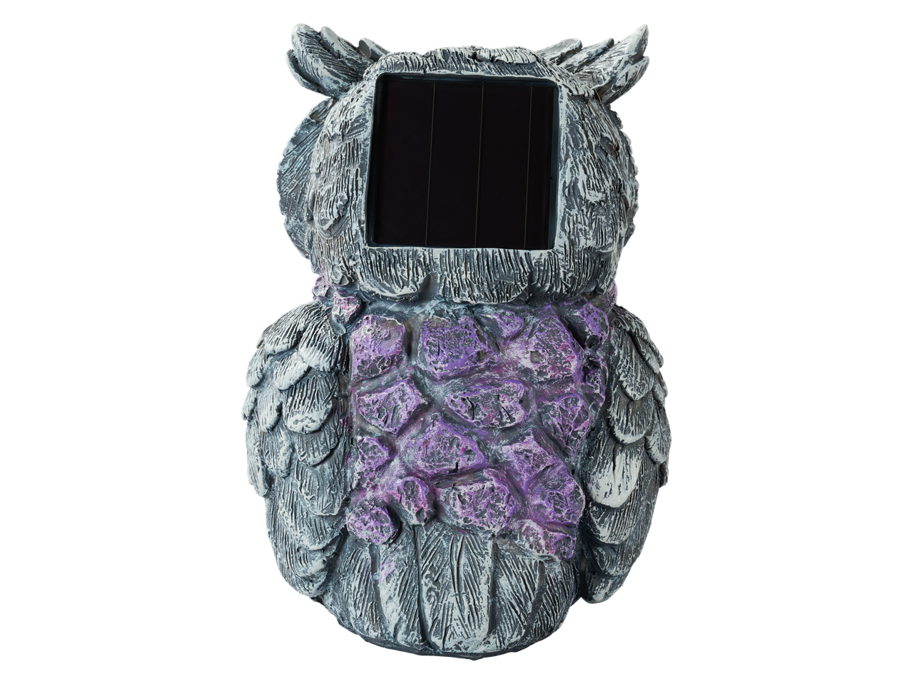 Figura solar LED LIVARNO de coruja com barriga texturizada roxa, isolada em fundo preto.