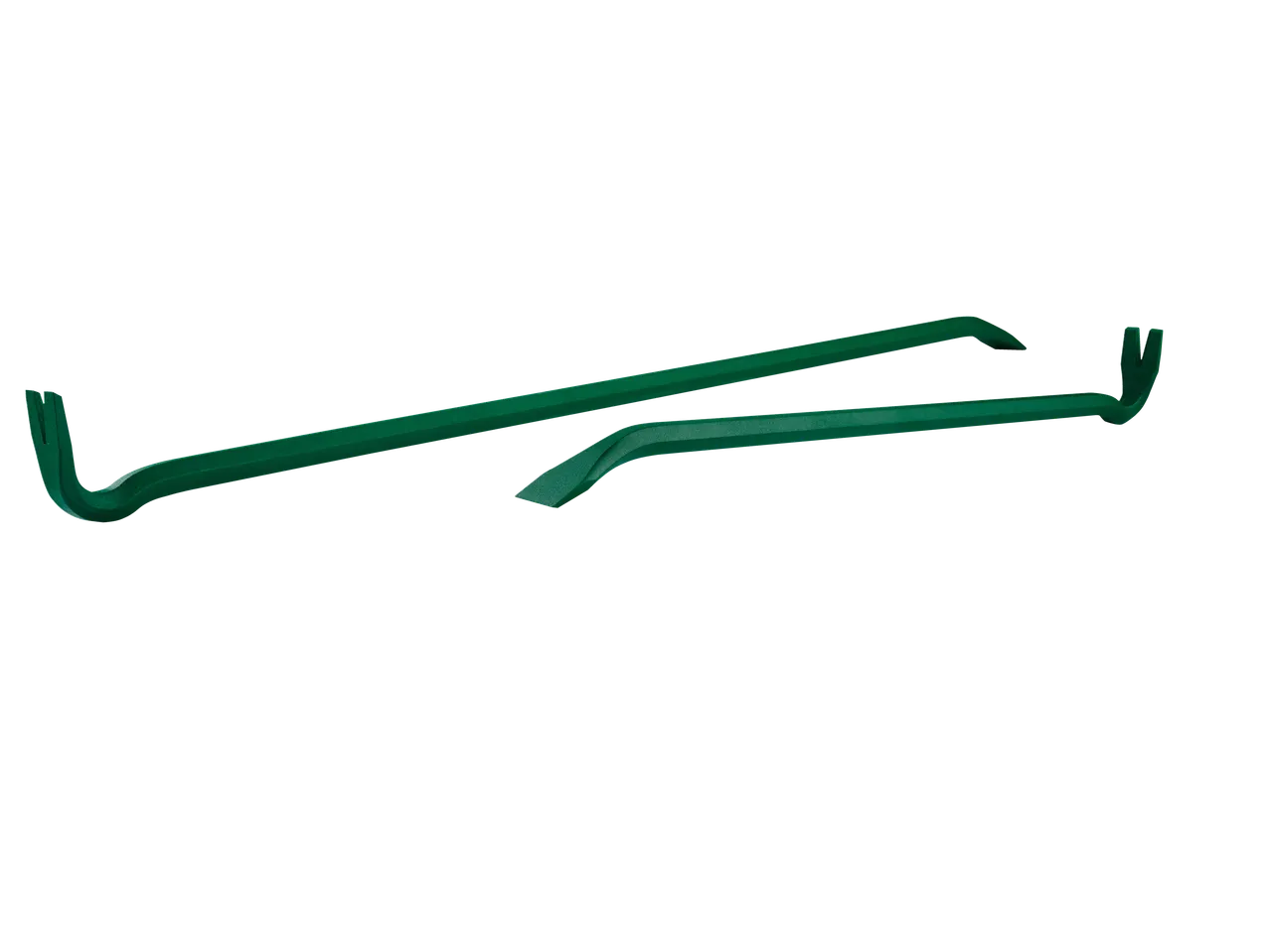 Two green pry bars, one larger than the other, are shown against a black background.