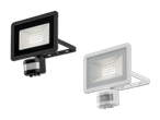 Zwei LED-Fluter mit Bewegungsmelder, einer schwarz und einer weiß, auf schwarzem Hintergrund.