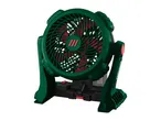 Green and red portable fan with a black base and red power switch.