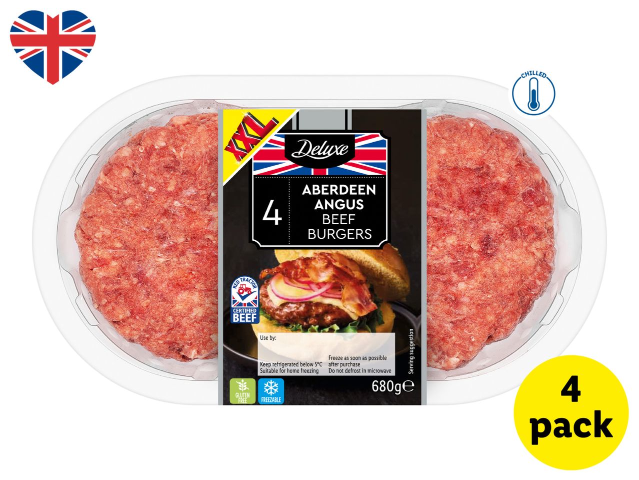 Pack of 4 Aberdeen Angus beef burgers, 680g, with a heart-shaped Union Jack.