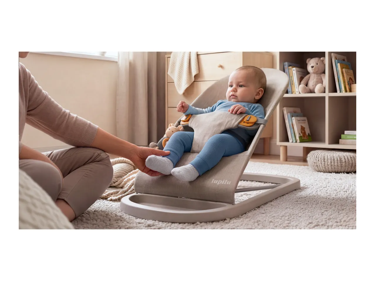 Baby in a bouncer, with an adult's hand touching the baby's foot.