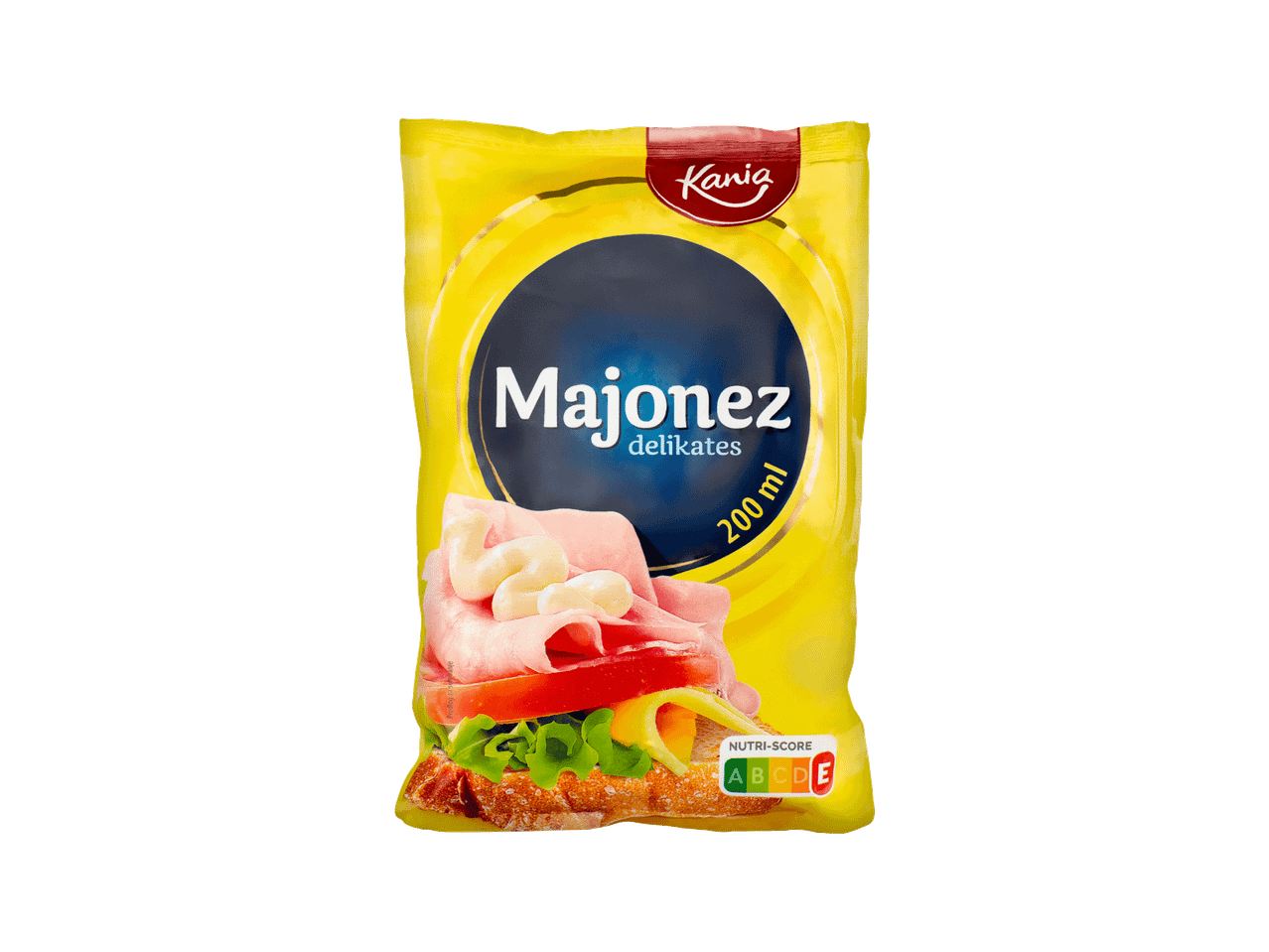 Žuta kesica majoneza sa sendvičem i Nutri-score oznakom.