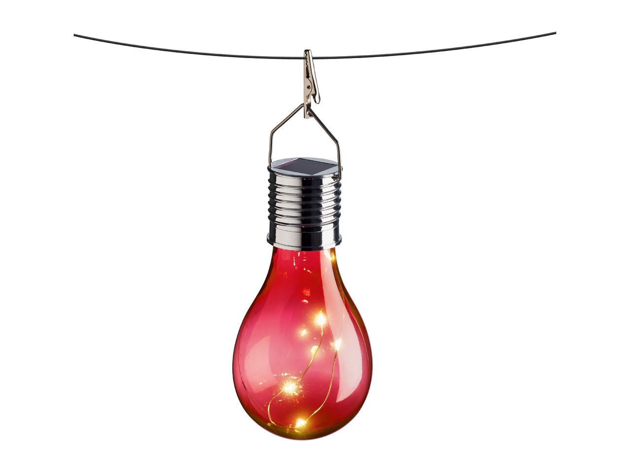 Red solar-powered light bulb with fairy lights, hanging from a black wire with a clip.
