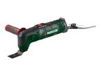 Green and black oscillating multi-tool with a side handle and a saw blade attachment.