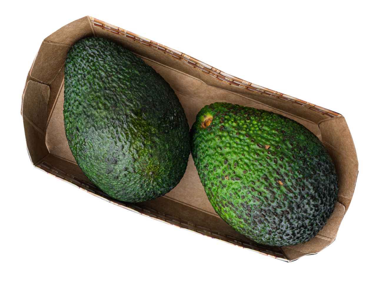 Două avocado proaspete într-un ambalaj de carton.