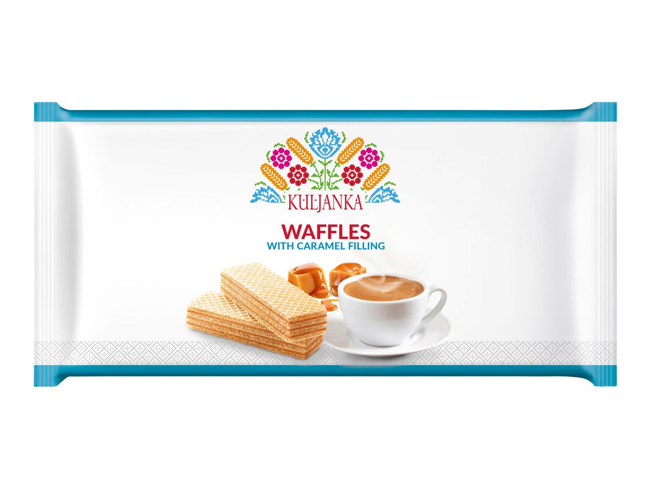 Kizlyar Waffles package showing crispy wafers and a cup of coffee.