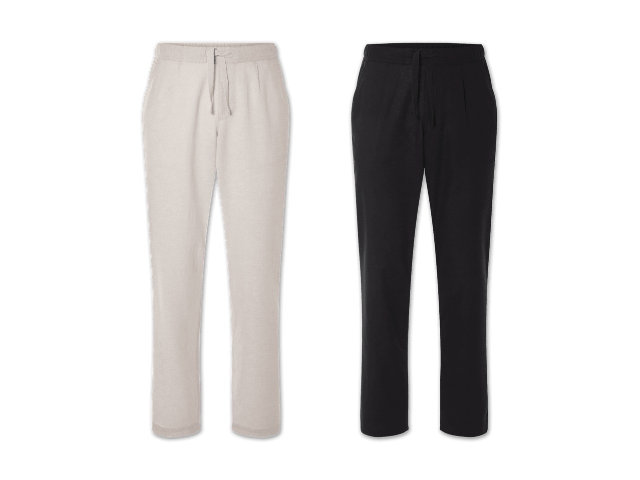 Zwei Paar Stoffhosen, eine beige und eine schwarze.