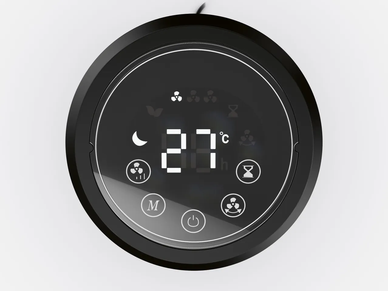 Egy fekete, kör alakú, digitális termosztát 27°C-ot mutat.
