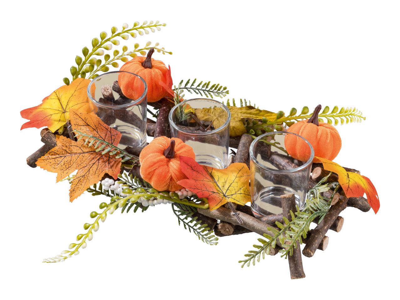 Autumnal candle holder with pumpkins, leaves, and berries on a wooden base.