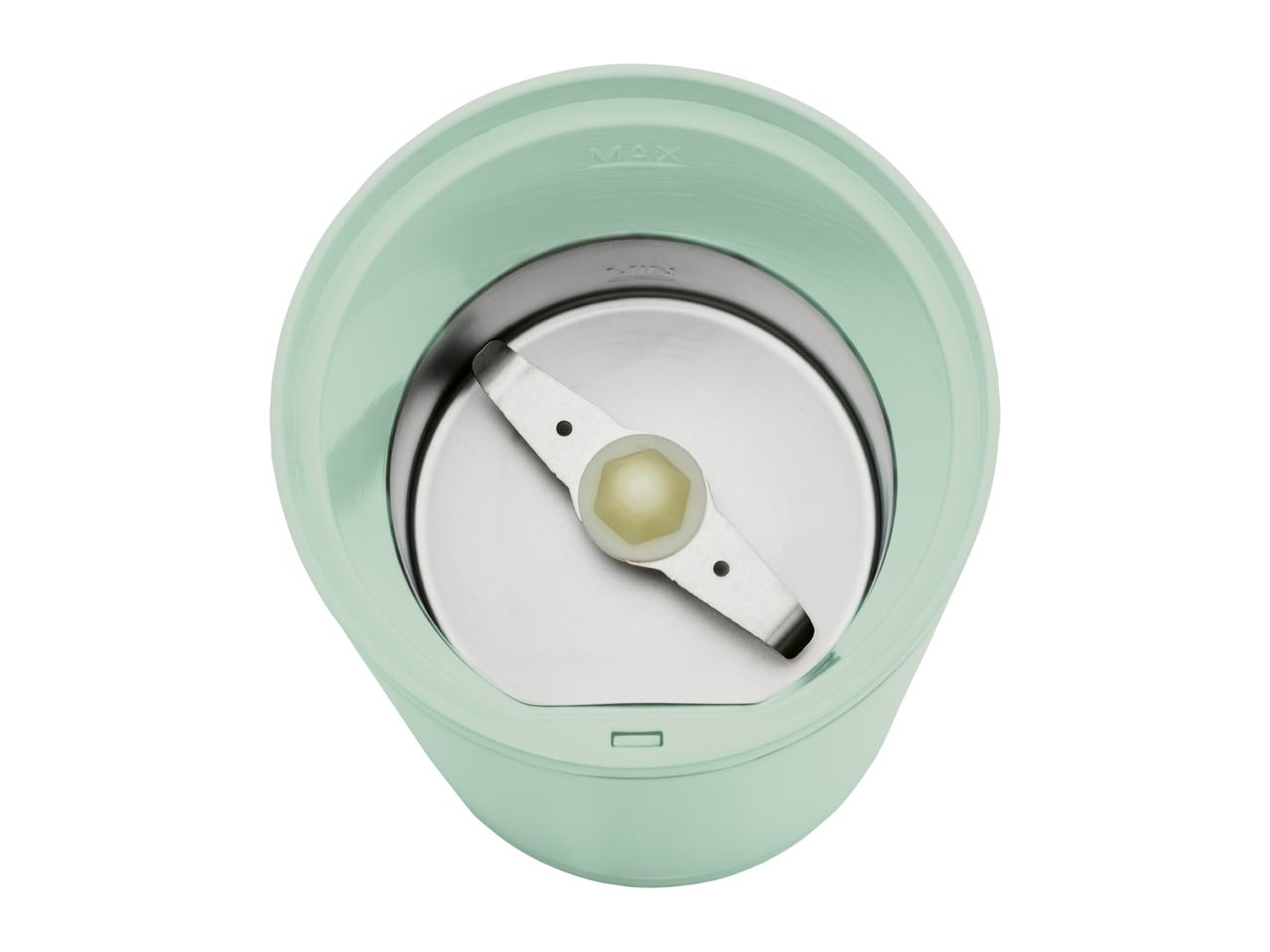 Top-down view of a light green electric coffee grinder with a metal blade.