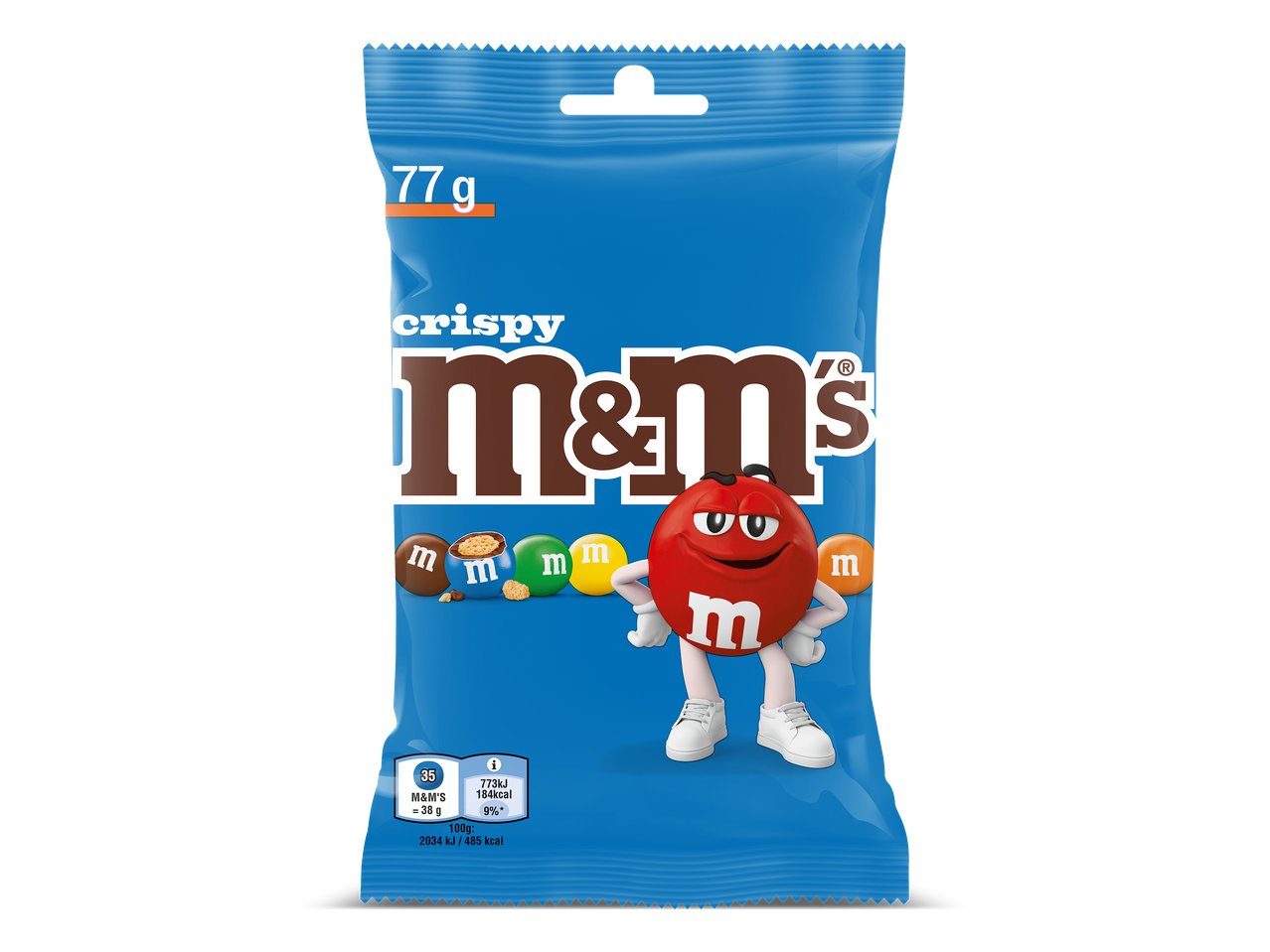Blauwe zak met knapperige chocoladesnoepjes, 77g, met voedingsinformatie.