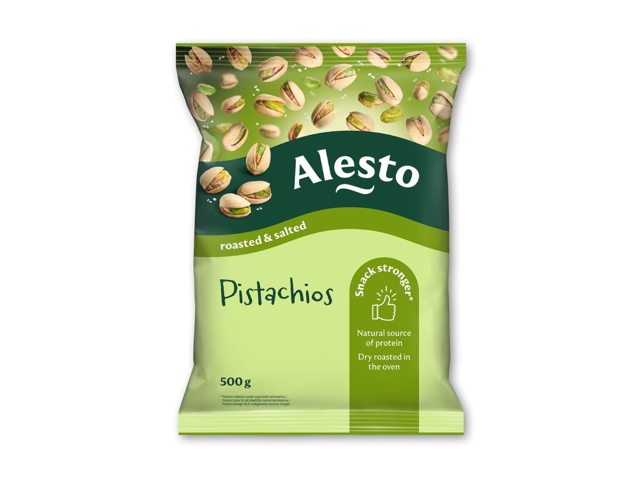 Pose med saltede og ristede pistacienødder, 500 g, med tekst om proteinindhold.