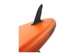 Close-up of an orange inflatable stand-up paddleboard with a black fin.