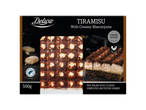 Emballage de tiramisu avec mascarpone crémeux, 500g, avec la mention 'contient de l'alcool' et 'facile à retirer'.