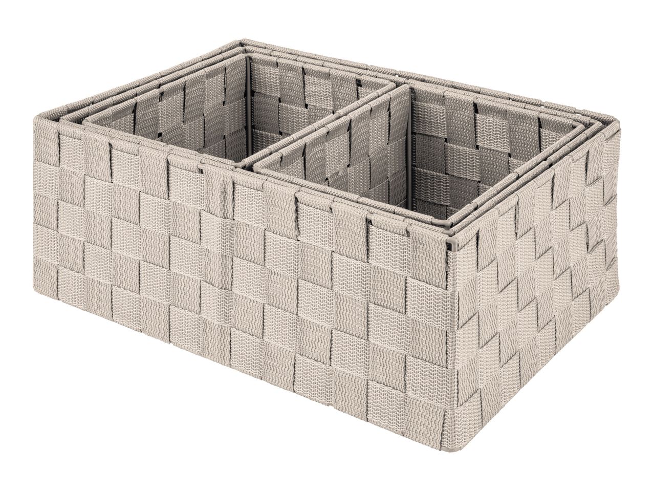 Set of gray woven storage bins.