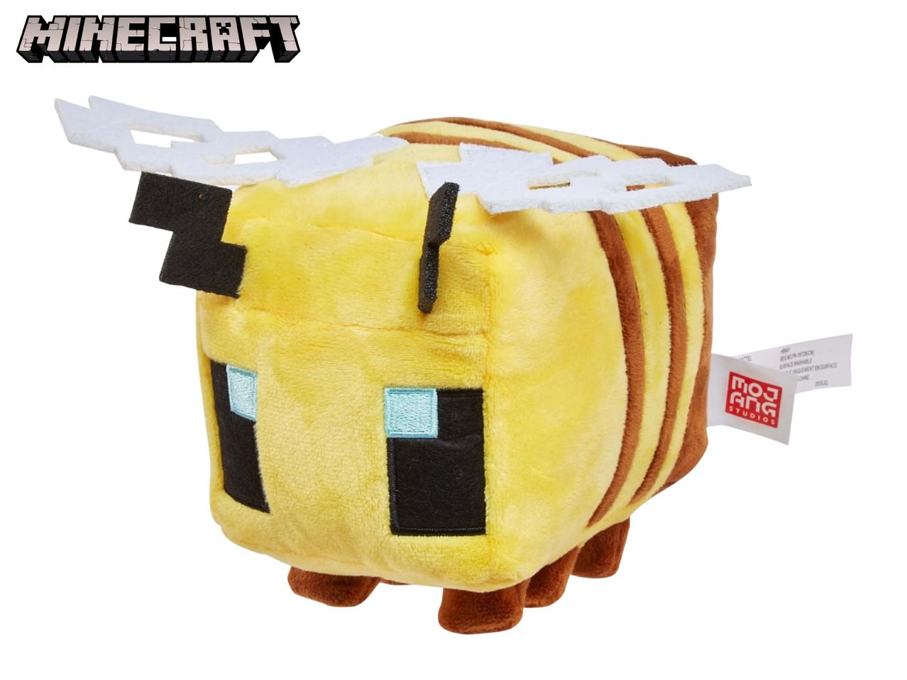 Minecraft bee plush toy with black antennae and light blue eyes, featuring brown stripes.