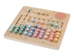 Wooden educational board with colorful number and math symbol blocks, featuring nature illustrations.