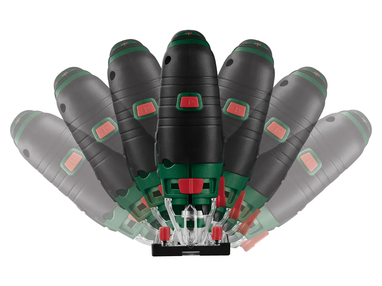 Прободен трион Parkside® PSTD 800 G6 под различни ъгли, черен и зелен с червени акценти.