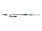 Long-reach hedge trimmer with a green and black handle, silver extension pole, and a black shoulder strap.
