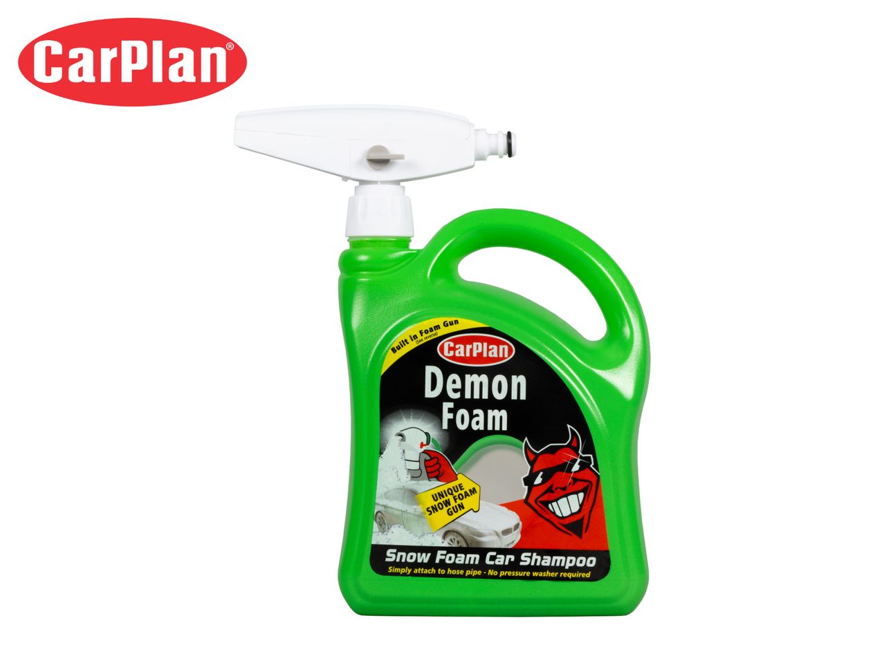 Green bottle of snow foam car shampoo with a built-in foam gun attachment.