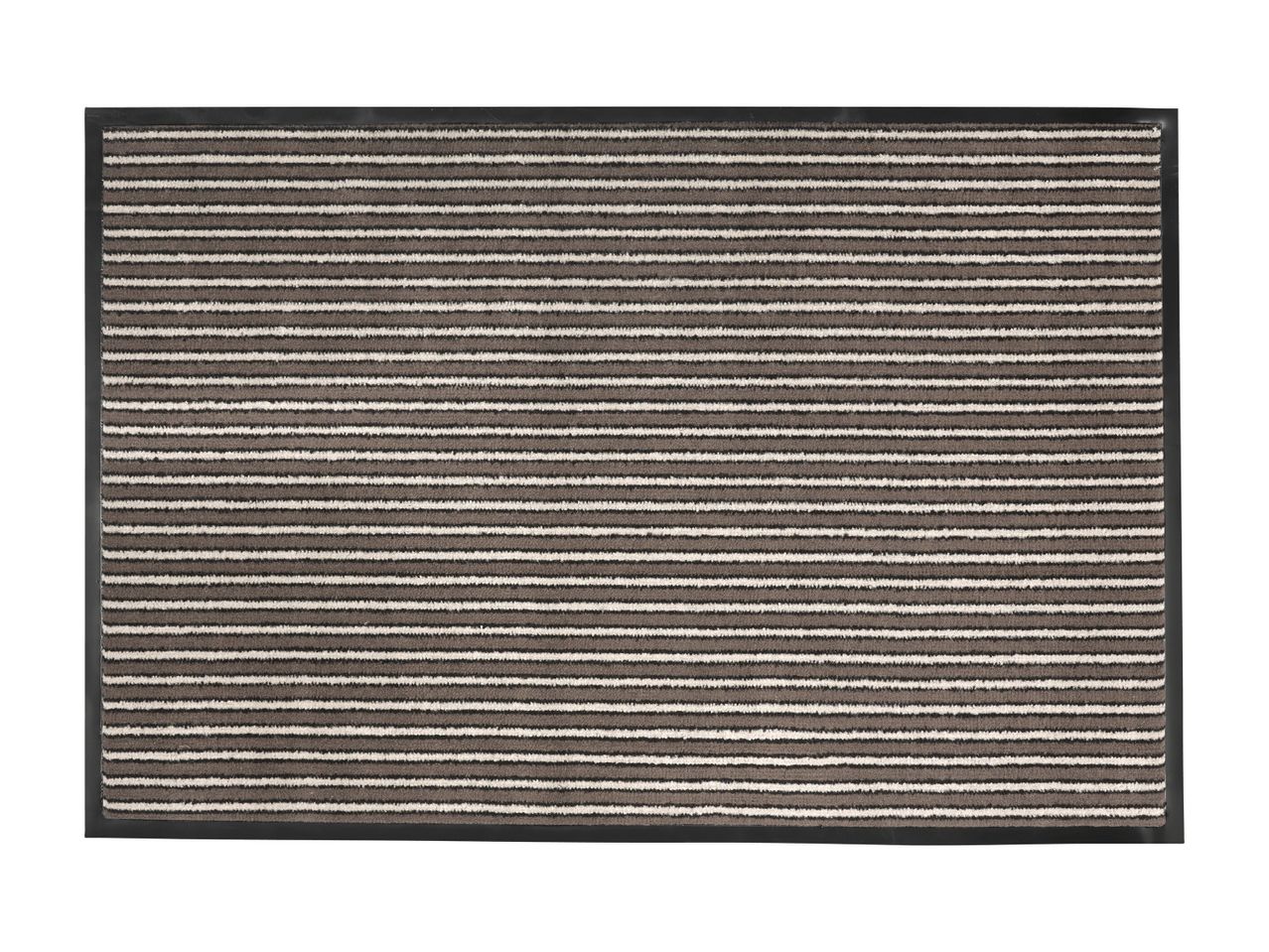 Striped doormat in brown and beige with a black border