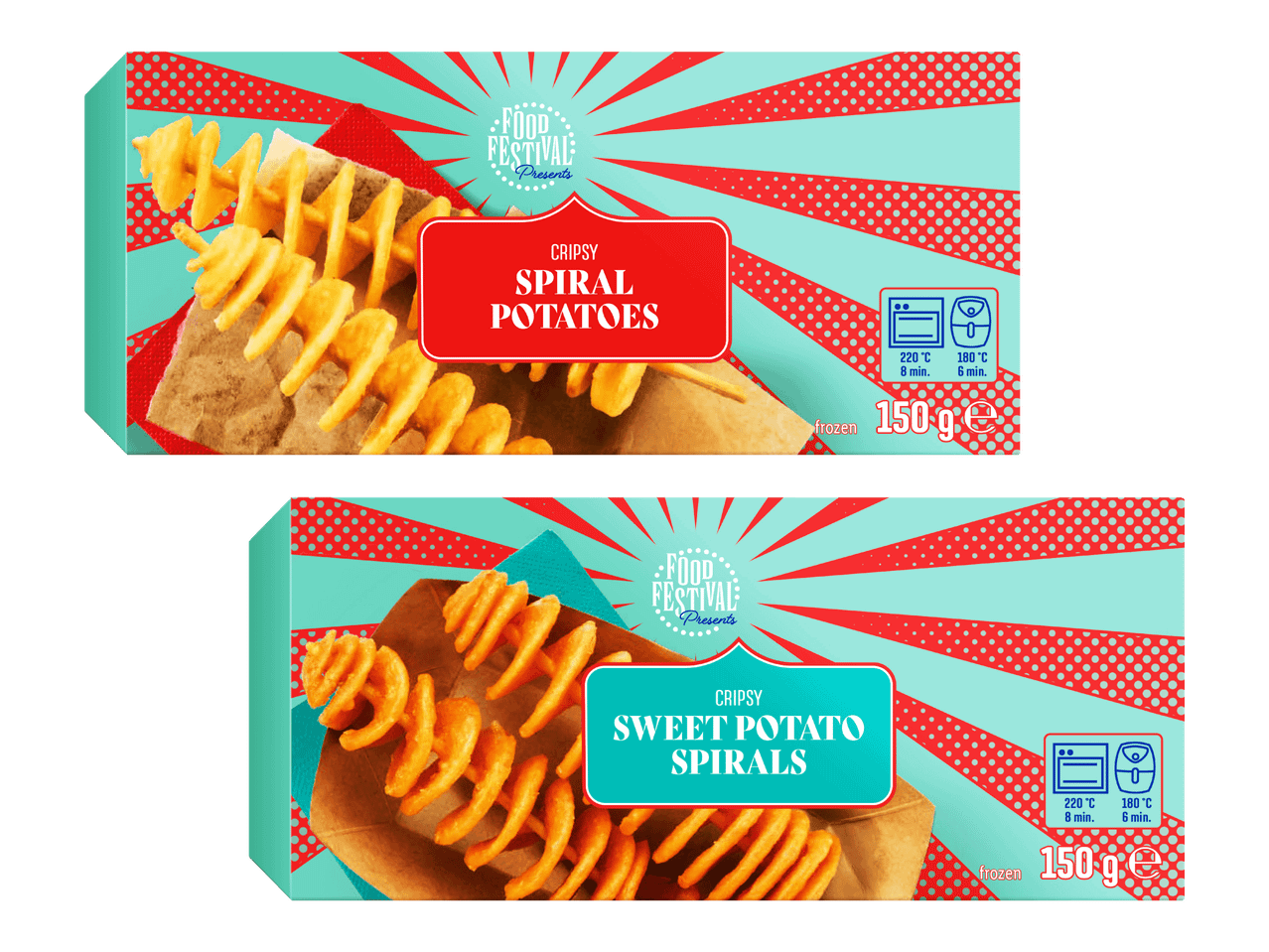 Kaksi pakkausta pakastettuja perunaspiraaleja ja bataattispiraaleja, joissa on pop-taideteema.