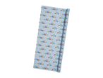Birthday party wrapping paper roll with colorful text and polka dots.
