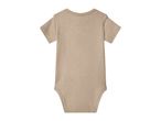 Back view of a plain beige short-sleeved baby bodysuit.