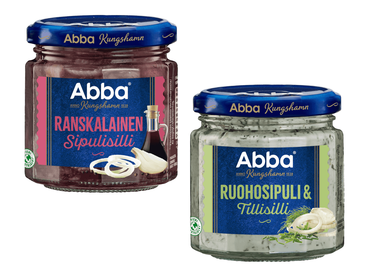 Kaksi lasipurkkia silliä, toinen ranskalaisella sipulilla ja toinen ruohosipulilla ja tillillä.