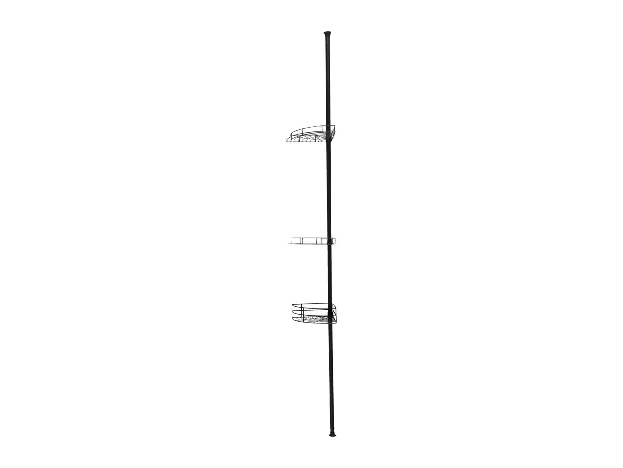 Black tension pole shower caddy with three wire baskets.