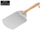 A metal grill spatula with a wooden handle and a leather hanging loop.