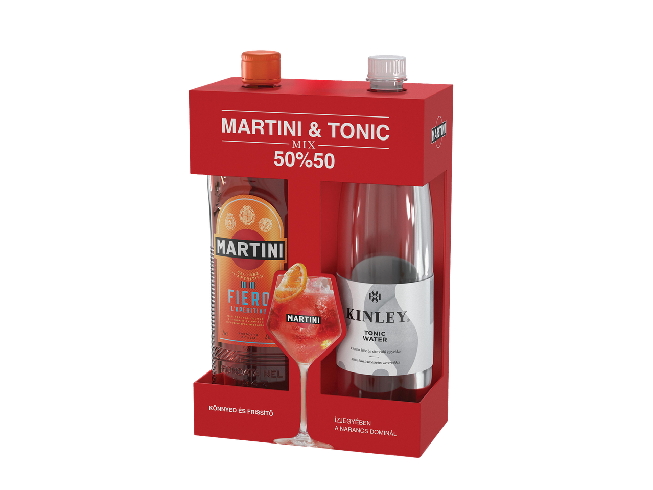 Martini és tonik mix csomagolásban, narancssárga kupakkal és pohárral.