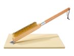 Pizza stone with a long-handled grill brush featuring brass bristles and a scraper.
