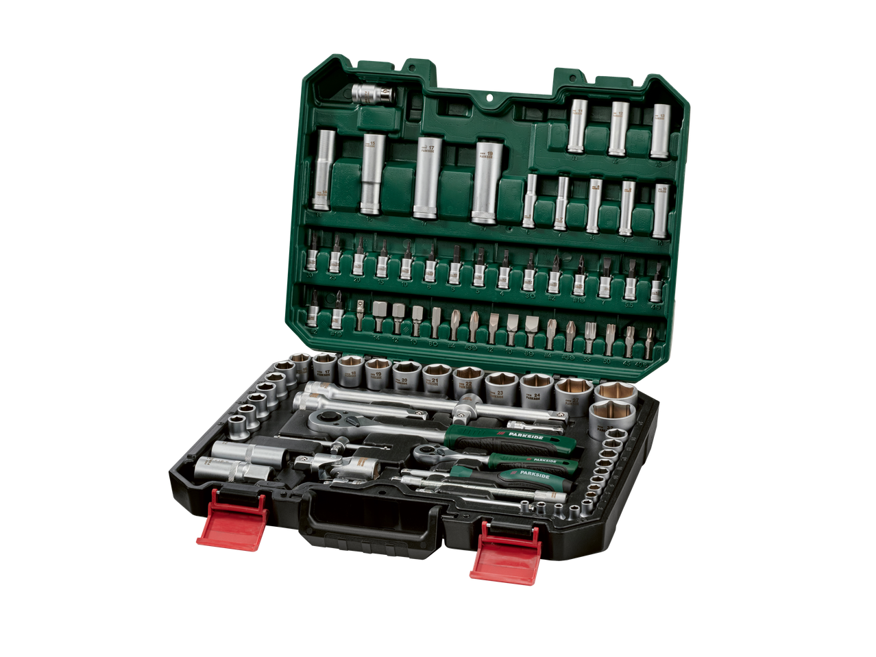 Parkside® sprūdrata un uzgaļu komplekts zaļā koferī.