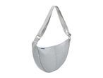 Light gray crescent shoulder bag with a blue zipper pull.