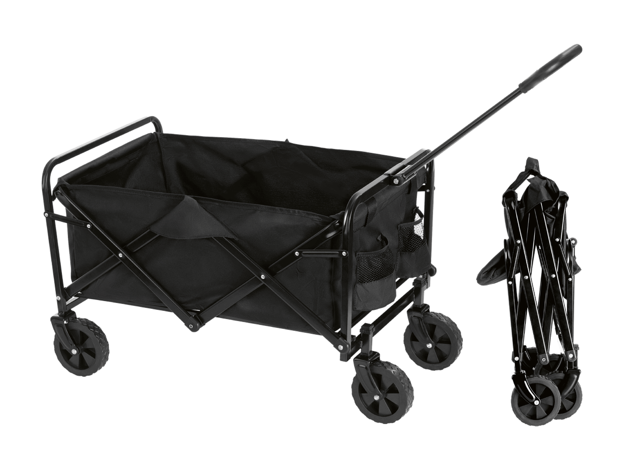 Chariot pliant noir avec poignée extensible, montré ouvert et replié.