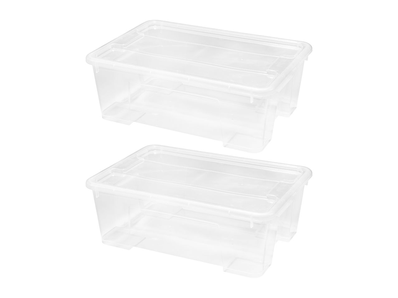 Two clear plastic storage boxes with lids, stacked diagonally on a white background.