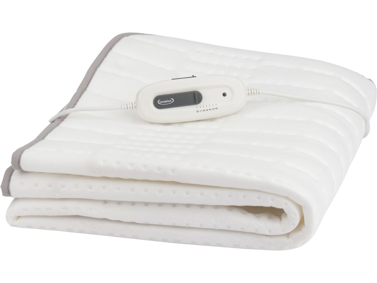 White electric underblanket with a grey trim and a remote control with six heat settings.