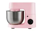 Pink stand mixer with a stainless steel bowl and a digital display showing 'Turbo' and a timer.